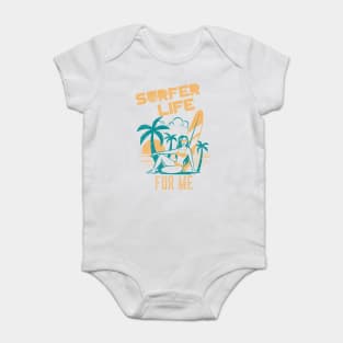 Surfer Life For Me palm tree girl with surf board and Sunset  on the Beach Baby Bodysuit